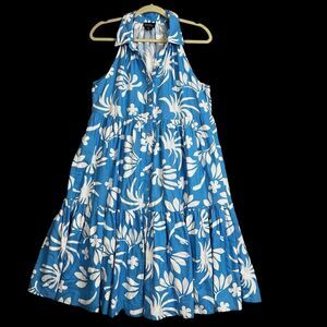 NICOLE MILLER Button Up Linen Blend Blue & White Dress Sleeveless Side Pockets M